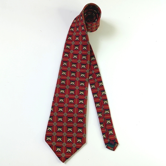 Tommy Hilfiger 90's Vintage Crest Banner Printed Italian Silk Neck Tie Red Navy - Picture 2 of 10